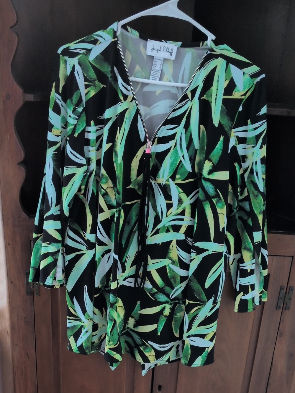 Joseph Ribkoff Black Tunic with Green, Mint & Yellow Leaf Print - Size 12